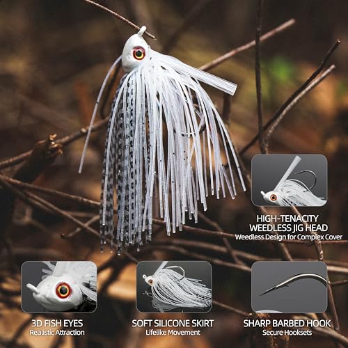 Weedless Swim Jigs 5-Pack, Bass Rubber Jigs with Silicone Skirts & 3D Eyes – Weed Guard Fishing Lures for Freshwater & Saltwater Bass, Trout, Crappie - size: 3/4oz