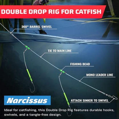 Narcissus 5PCS Sea Fishing Rigs, Pre-Tied Flapper with Size 1/0 & 2/0 Hooks, Anti-Tangle Snap, 1-3 Hooks, Gaps (45cm, 52cm, 80cm), Ready for Beach Fishing - color: 5pcs- 2 hooks- size 2/0- 80cm gap