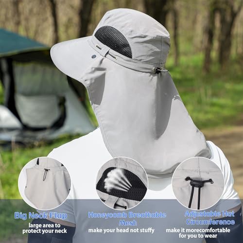 ALANDUO Wide Brim XXL Sun Hats for Men Big Head, UPF 50+ Fishing Sun Hat with Neck Face Flap, Safari Boonie Hat for Men Women - color: Light Grey