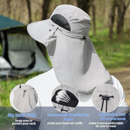 ALANDUO Wide Brim XXL Sun Hats for Men Big Head, UPF 50+ Fishing Sun Hat with Neck Face Flap, Safari Boonie Hat for Men Women - color: Light Grey