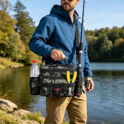 Oxford Fishing Tackle Bag, Water-Resistant Portable Multi-Pocket Fishing Gear Backpack for Anglers, with Rod Holder & Shoulder Strap