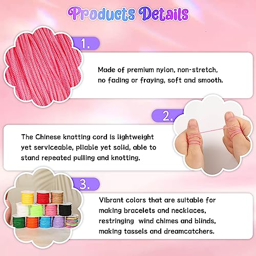 Selizo 12 Rolls Nylon String for Bracelets, Chinese Knotting Nylon Cord for Jewelry Making, Nylon Beading Thread for Kumihimo, Braided Bracelets, Necklaces, Macrame Craft, Wind Chime