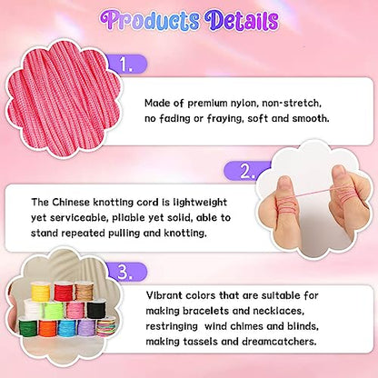Selizo 12 Rolls Nylon String for Bracelets, Chinese Knotting Nylon Cord for Jewelry Making, Nylon Beading Thread for Kumihimo, Braided Bracelets, Necklaces, Macrame Craft, Wind Chime