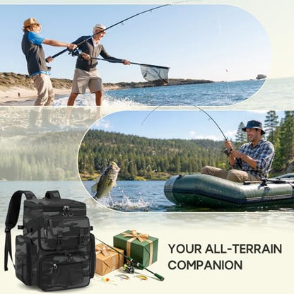 RAINSMORE Fishing Backpack, 45L Large Water-resistant Fishing Tackle Bag | with 4 Rod Holders & Insulated Cooler & Rain Cover Professional 900D Oxford Tackle Backpack for Men Gift Gray Camouflage - color: Grey Camouflage