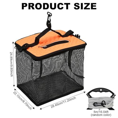 XhuangTech Floating Fishing Basket, Collapsible Fish Basket Portable Fishing Net Storage Cage for Live Caught Fish, Foldable Rubber Coated Bait Minnow Bucket 3.5/10 Gallons Live Well, Orange - size: Small