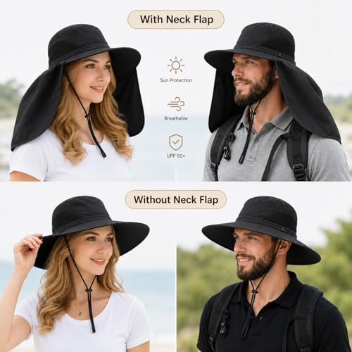 HUAMULAN Women Large Brim Sun Hat with Neck Flap, Men Quick Dry Hiking Fishing Safari Hat UPF 50+ - color: Black Solid
