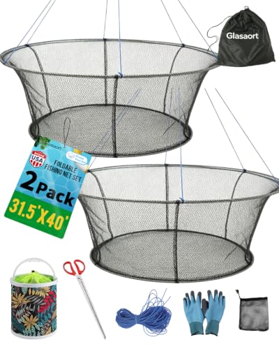 2Pack Drop Net for Pier Fishing Set, Foldable Fishing Net 31.5"×40" Hoop, Foldable Crab & Fishing Net Trap, Crab Nets for Crabbing Trap, Pier & Dock Drop Net for Crawfish, Shrimp, and Minnows
