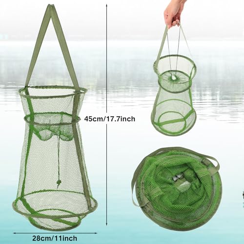 JaGely 5 Pcs Fishing Net Accessories Include Fishing Landing Net with Handle, 26in x 13in Portable Folded Cast Net, 8 Holes 8 Sides Collapsible Fishing Bait Trap, Fishing Keep Net, Drawstring Bag