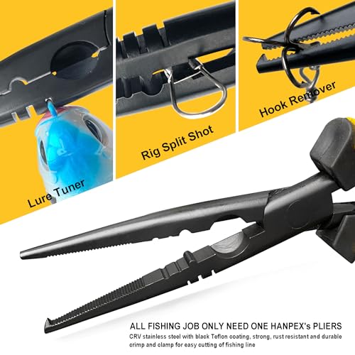 Hanpex-7 inch Fishing Pliers with Anti-rust Teflon coated, Freshwater/Saltwater Fishing Tools, Comfort Grip Handles Fishing Gear Idea for Fishing Trip - style: 7" Split Ring Nose