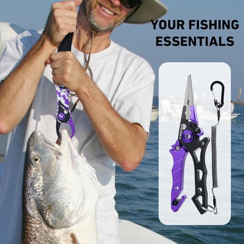 Golden J Fish Lip Gripper & Multi-Function Fishing Pliers Set - High-Strength Aluminum & Stainless Steel, Hook Remover, Split Ring Pliers, Line Cutter, Ideal for Ice, Surf, Lure Fishing