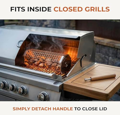 2 Pack Rolling Grill Basket – Stainless Steel Grilling Basket with Lid and Removable Wooden Handle – BBQ Accessories for Vegetables, Shrimp, Meat – Outdoor Cooking Gift for Dad or Husband – Otawe