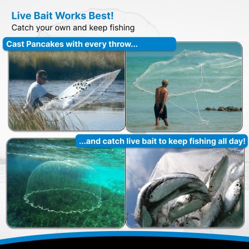 BasicGear Pancake Cast Net – Heavy-Duty 1.0+ lb/ft Weights, 4ft to 12ft Radius, Multiple Mesh Sizes, Pro Grade, Freshwater & Saltwater - size: 6ft Radius, style: 1.25 Lb, 1/4" Sq Mesh