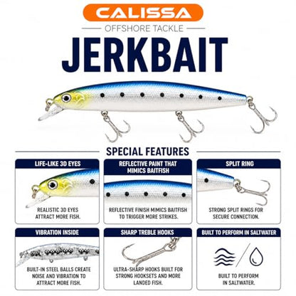 Calissa Offshore Tackle 110mm and 140mm California Inshore Fishing - Special Jerkbait Crankbait Surf Flash Fishing Salt Pro Lure Minnow Zebra MS Metallic Sardine Glow - size: 110mm, style: Glow Sardine