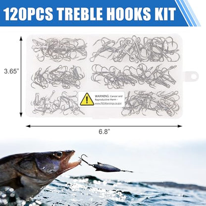 OROOTL Fishing Treble Hooks Kit, 120pcs Assorted Classic High Carbon Steel Treble Fishing Hooks Size 1 2 4 6 8 10 Round Bend Triple Hook for Saltwater Freshwater