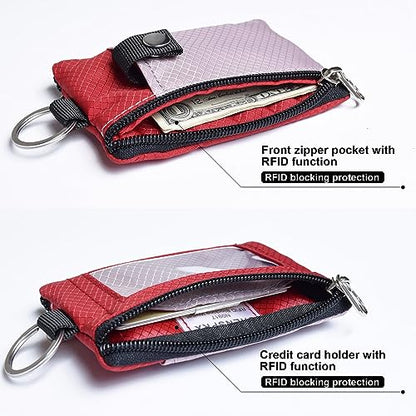 CHENSPRX Minimalist RFID Blocking Small Wallet with ID Window,WaterResistant Zip Id Case Wallet with Lanyard Keychain for Cards,Cash,Travel,Women,Men - color: LightPurple+Red