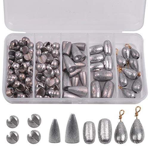 106pcs Fishing Weights Assortment Saltwater Split Shot Fishing Weights Sinkers Kit Assorted Bass Casting Bell Sinkers with Tackle Box for Saltwater Freshwater