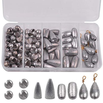 106pcs Fishing Weights Assortment Saltwater Split Shot Fishing Weights Sinkers Kit Assorted Bass Casting Bell Sinkers with Tackle Box for Saltwater Freshwater