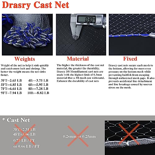 Drasry Saltwater Fishing Cast Net for Bait 3/8 1/4 or 1/2 with Heavy Sinkers Fish Trap Throw Net. Size 3ft/4ft/5ft/6ft/7ft/8ft/9ft/10ft Radius Freshwater Nets - size: 5FT (150cm) Radius, style: Lead Sinkers-3/8mesh-0.3mm Mono