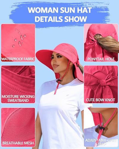 Womens Sun Hat Outdoor UV Protection Wide Brim Fishing Hat with Ponytail Hole Neck Flap for Beach Hiking Camping - color: Watermelon Red