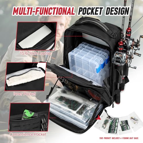 Fishing Tackle Backpack,Tackle Bags with 2 Rod Holders & 4 Tackle Boxes, Water-Resistant Large Tackle Bag Storage Bag for Fishing Gear, Fisher Gifts for Men, Black - color: A-Black with 4 Tackle Boxes