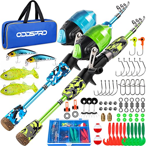 ODDSPRO Kids Fishing Pole - Portable Telescopic Kids Fishing Rod and Reel Combo Kit - with Spincast Fishing Reel Tackle Box for Girls, Youth - color: 2 pack (Blue+Green), size: 4.92 ft