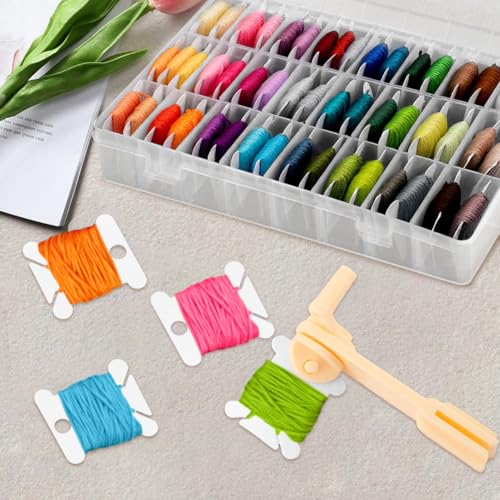 Embroidery Floss Organizer – Cross Stitch Thread Storage Box with 24 Removable Compartments, 40 Hard Plastic Floss Bobbins & Stickers