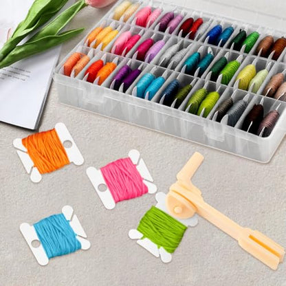 Embroidery Floss Organizer – Cross Stitch Thread Storage Box with 24 Removable Compartments, 40 Hard Plastic Floss Bobbins & Stickers