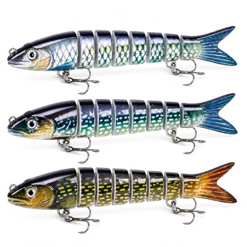 8-Segment Swimbait with High-Carbon Steel Hooks, 5.4" Lifelike Jointed Fishing Lure with Built-in Rattle & 3D Eyes, Magic Wiggling Action Swimbaits for Bass Trout Pike Walleye, Freshwater Saltwater