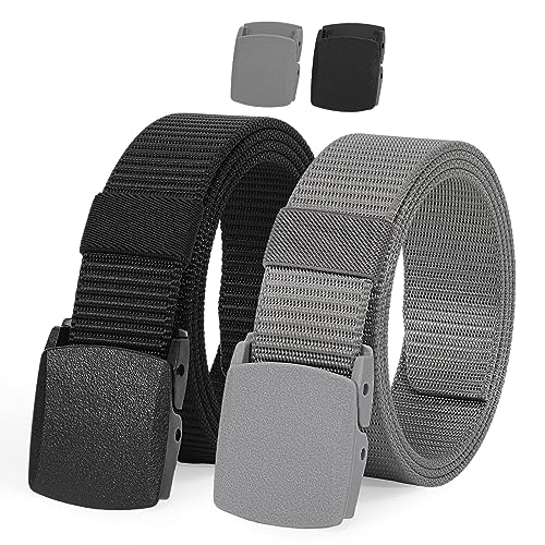 JASGOOD 2 Pack Nylon Web Belt Outdoor Military Men’s Metal Free Belt with TSA Plastic Buckle - color: J-black+grey, size: Fits Pant Up To 35"