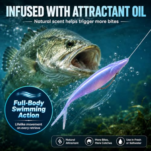 Soft Plastic Jerkbait Fishing Lures, 5 Inch Fluke Style Minnow Swimbaits for Bass, Walleye, Trout & Crappie, Scented Soft Baits for Freshwater & Saltwater, 10 Pack - color: Blue Pearl Shad