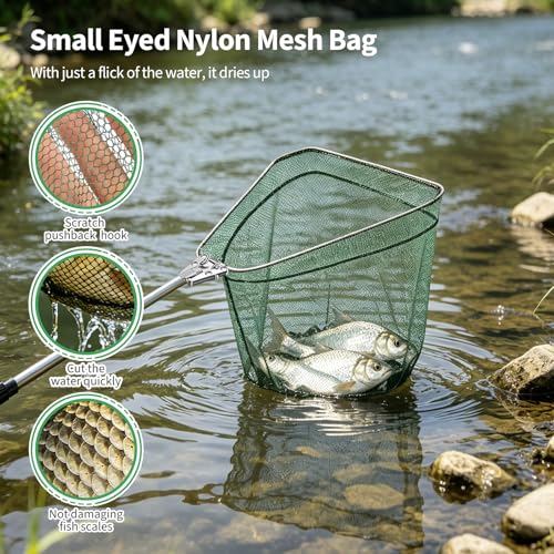 Fishing Net with Telescopic Pole Handle, Fish Landing Net with Sturdy Collapsible Handle, Folding Nylon Mesh Landing Netfor Saltwater and Freshwater, Extend to 50 in