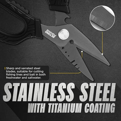 Beyond Fishing 6.5" Pro Fishing Shears Dual Serrated Blades, Fishing Braided Line Scissors with Titanium Coating, Non-Slip Grip & Multifunction Tool, Includes Hard Molded Locking Sheath - color: Omnipro - Black