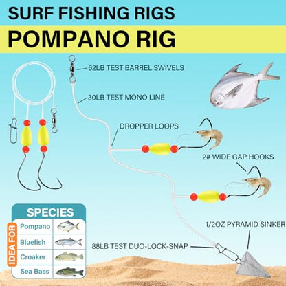 Alwonder 5-Pack Pompano Rigs Surf Fishing Rigs with Snell Floats, Saltwater Live Bait Rig Swivels Duo Lock Snaps Circle Wide Gap Kahle Hooks Rig for Beach Surf Casting Pier Jetty Fishing - color: Yellow 5-Pack, size: #2 Wide Gap Hook