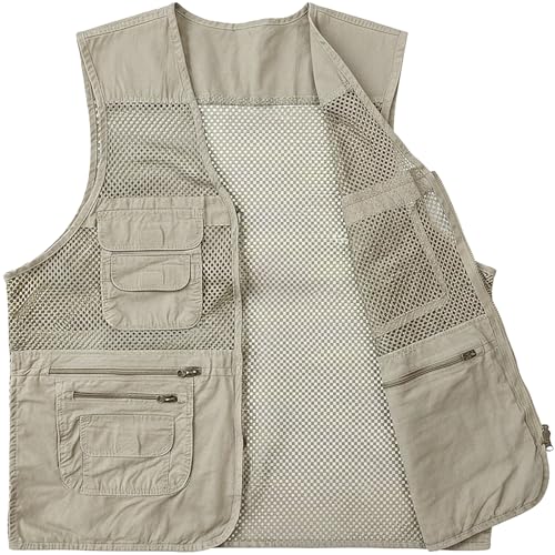 Men's Fishing Vest Multi-Pockets Unisex Mesh Utility Summer Vest for Hiking, Travel, Safari Waistcoat Jacket - color: Beige, size: Medium