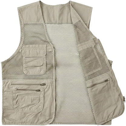 Men's Fishing Vest Multi-Pockets Unisex Mesh Utility Summer Vest for Hiking, Travel, Safari Waistcoat Jacket - color: Beige, size: Large