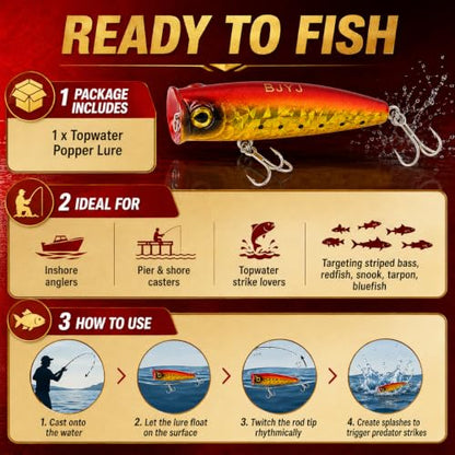 Topwater Popper Fishing Lure, 4in 0.81oz ABS Floating Saltwater Bait with BKK 3X #4 Treble Hooks, Foil-Stamped Finish for Inshore Striped Bass Redfish Snook Tarpon - color: A2-1PCS/0.81OZ-4"