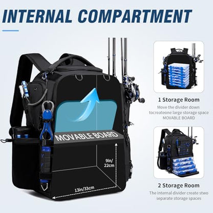 Fishing Tackle Backpack with Tackle Boxes, Two Rod Holders, Bottle Holder, 50L Waterproof Tackle Bag for Fishing Gear, Fish Gifts for Men, Black (4 Tackle Boxes Included - color: Black（4 Tackle Boxes Included）