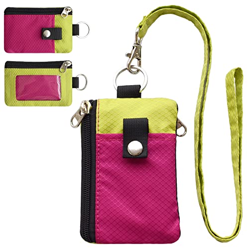 CHENSPRX Minimalist RFID Blocking Small Wallet with ID Window,WaterResistant Zip Id Case Wallet with Lanyard Keychain for Cards,Cash,Travel,Women,Men - color: RoguePink+YellowGreen