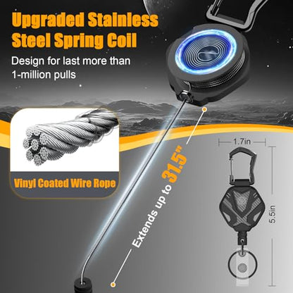 Oaridey Retractable Ratchet Keychain, Heavy Duty Badge Reel with Metal Carabiner and 31.5" Steel Cord, Retractable Lanyard for Engineers, Anglers, Construction Workers, 2 Packs