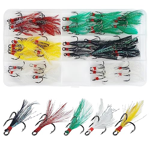 Feathered Treble Hooks Kit, 50 PCS Fishing Treble Hooks High Carbon Steel Sharp Barbed Fishing Hook with Storage Box, Freshwater Saltwater Lure Hook for Bass Trout Pike Salmon Catfish Fishing