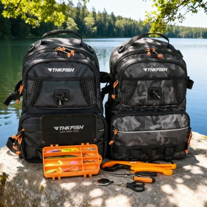 THKFISH Fishing Backpack with Tackle Boxes, 20L Waterproof Tackle Sling Bag with Lures Kit, Fish Lip Gripper, Pliers, Scissors, Fishing Gifts for Men Women - color: Black Camo Fishing Backpack with Tackle Boxes