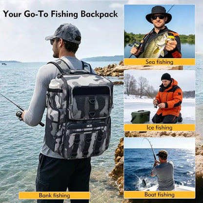 MGB 46L Water-resistant Fishing Tackle Backpack with Rod Holders, Fishing Gifts - color: Grey+black Camo（without Tackle Box）