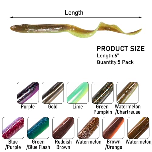 Dr.Fish 5 Pack Sand EEL Lures Saltwater Soft Fishing Lures Swimbait 6 Inch 3/8oz Surf Fishing Creature Baits Soft Plastic Artificial Ribbontail Worm - color: Brown/Orange