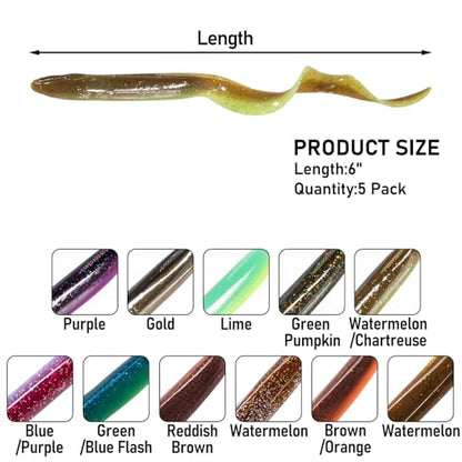 Dr.Fish 5 Pack Sand EEL Lures Saltwater Soft Fishing Lures Swimbait 6 Inch 3/8oz Surf Fishing Creature Baits Soft Plastic Artificial Ribbontail Worm - color: Watermelon/Chartreuse