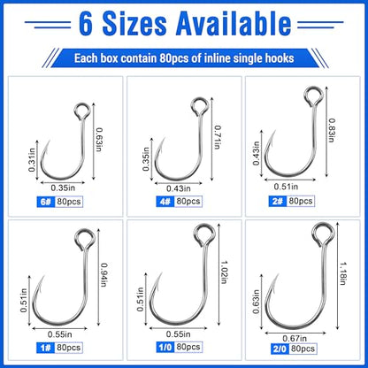 Inline Single Hooks, 80pcs Single Replacement Hooks for Hard Lure Baits Inline Circle Hooks Large Eye Fishing Lure Hooks for Treble Hook Replacement Saltwater Freshwater - size: 6#-80pcs