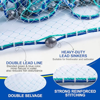 Goture American Fishing Cast Net Saltwater Freshwater,3/8in Mesh Size Casting Net for Bait Fish Shrimp Trap,Pure Lead Sinkers Dual Color Double Selvage,3ft-12ft Radius Throw Cast Net with Needle - size: 5FT Radius, style: A:3/8"mesh,0.75lb Lead Sinker