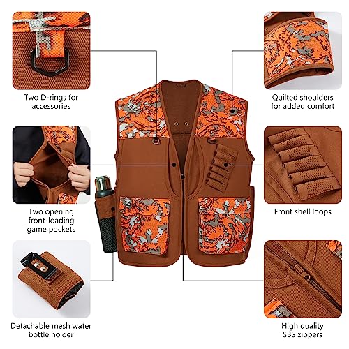 BASSDASH Upland Game Field Water-Resistant Bird Hunting Vest with Multi Pockets Men Women FV11 - color: Brown/Flame Camo, size: 3X-Large