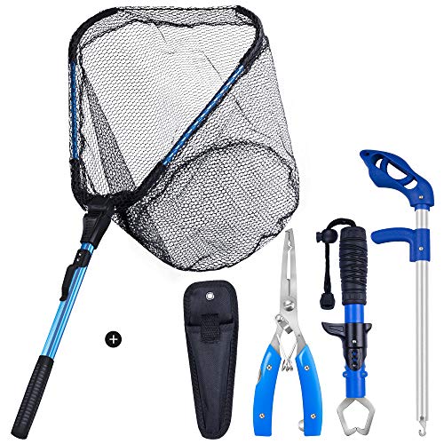 Foldable Kayak Landing Net Kit, 4PCS Fishing Tool Set | With Pliers, Fish Gripper & Hook Remover for Kayak Fishing, Boating, Shore Fishing, Freshwater & Saltwater - color: Blue2 4pcs Fishing Tools Kit