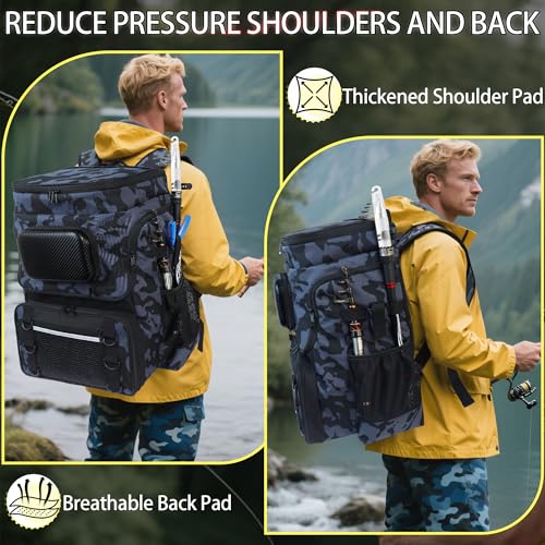 Fishing Backpack with Rod Holder, Large 50L Tackle Bag Water Resistant Tackle Backpack Heavy Duty Fishing Bag Gift for Men Woman - color: E: Camo Black