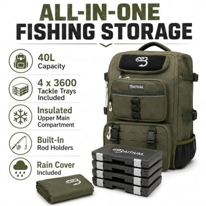 Baitium Fishing Backpack, Tackle Bag With Rod Holders, 40L Capacity With Cooler, Rain Cover, Insulated Pocket, 4 Tackle Trays Included (Jet Black) - color: Jet Black